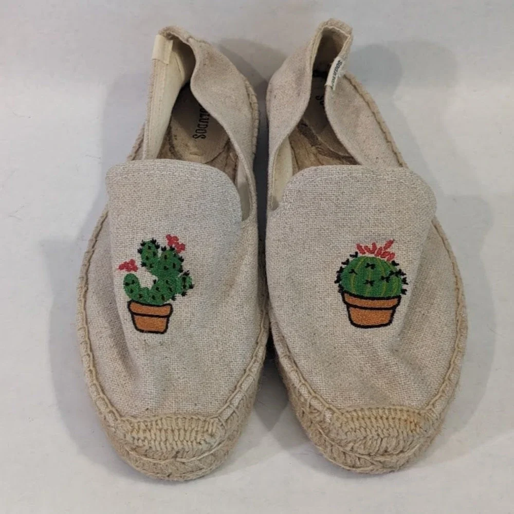 Soludos Womens Cactus Embroidered Canvas Espadrille Flats Beige Size 10